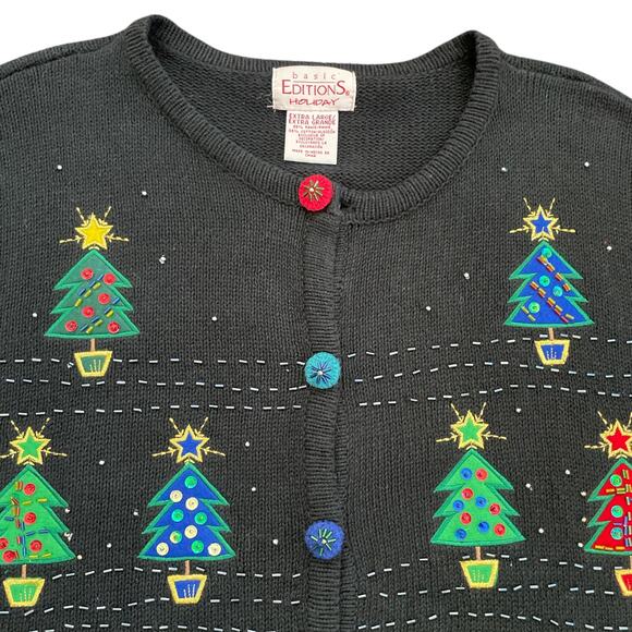 Basic Editions Christmas Cardigan Sweater Black Festive Tree Embroidered XL - Picture 3 of 9